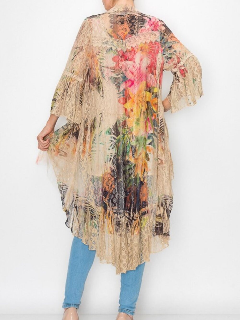 new ORIGAMI TROPICAL HAWAIIAN ALL LACE CARDIGAN KIMONO western boho CHIC SM-4X - Picture 3 of 11